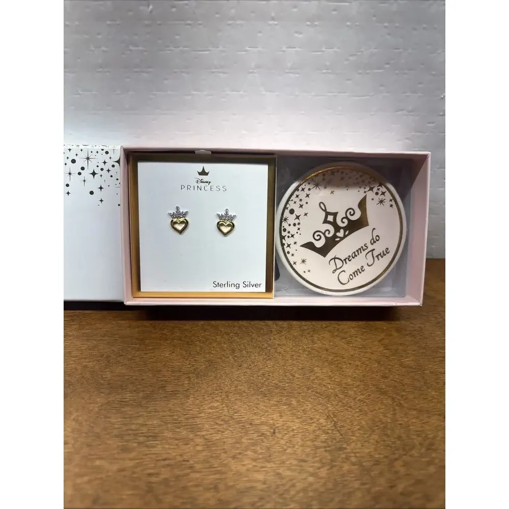 DISNEY Tiara Heart Crystal Stud Earrings Sterling Silver 18k Gold-Plate
